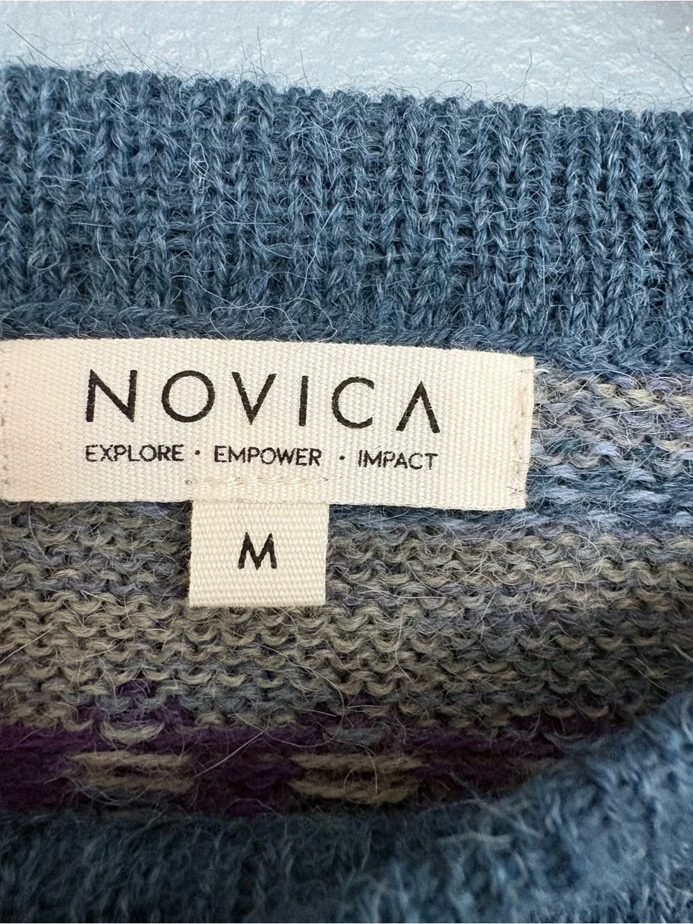 NOVICA 100% Alpaca Fair Isle Sweater Medium Blue Purple Made in Peru Soft